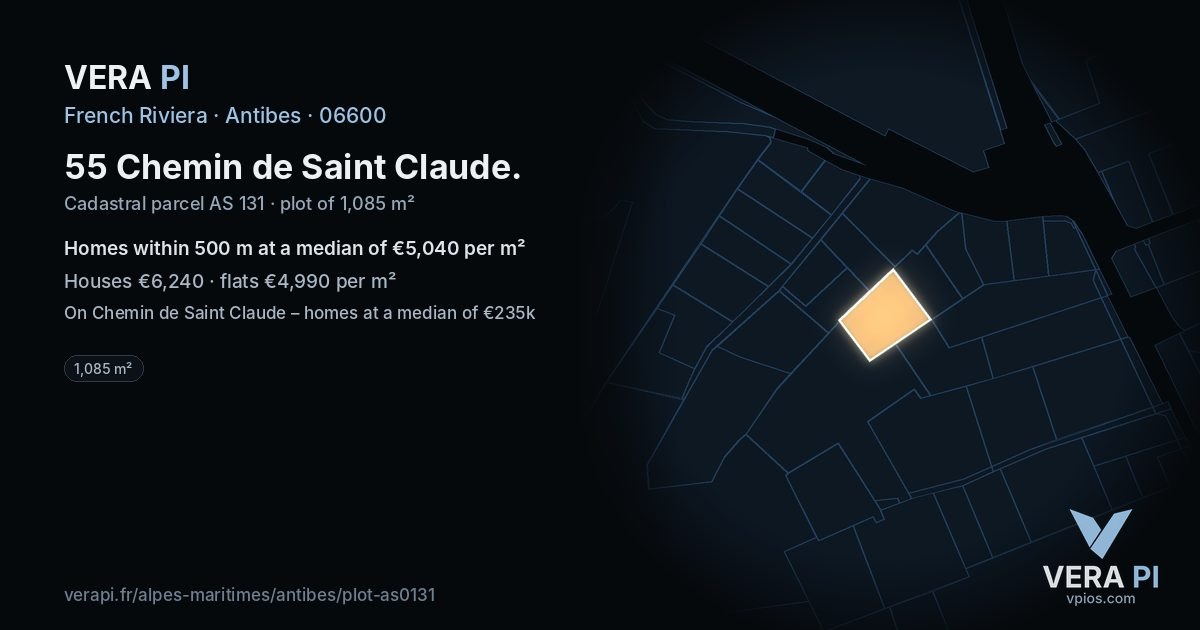 55 Chemin de Saint Claude, Antibes at night – the plot lit, the parcels around coloured by the prices near them