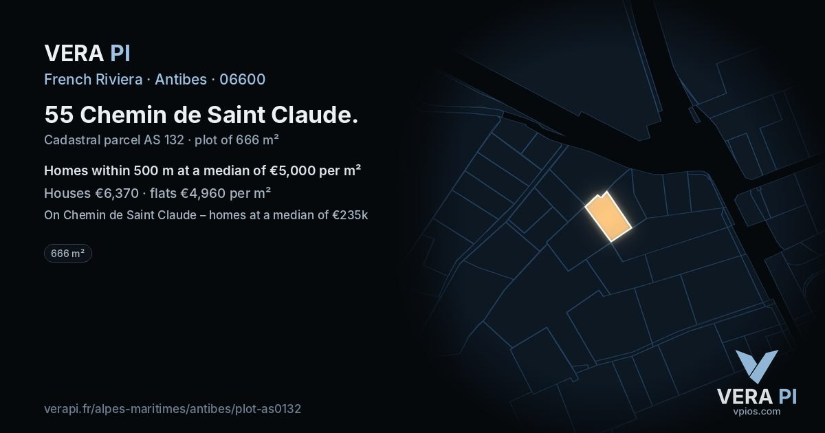 55 Chemin de Saint Claude, Antibes at night – the plot lit, the parcels around coloured by the prices near them