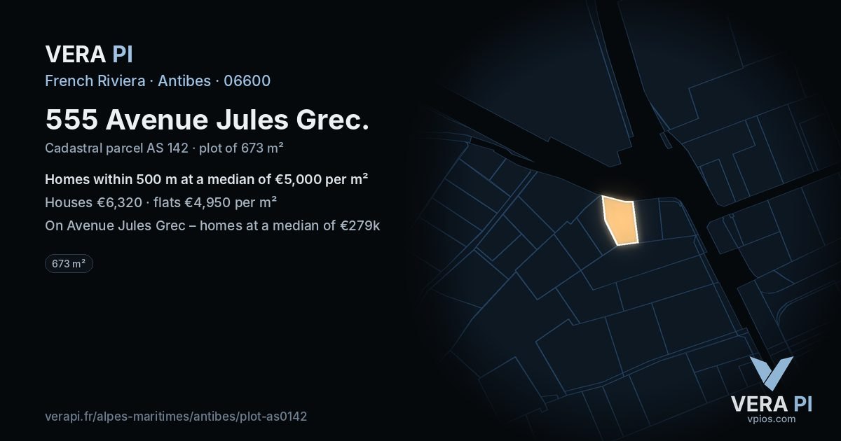 555 Avenue Jules Grec, Antibes at night – the plot lit, the parcels around coloured by the prices near them
