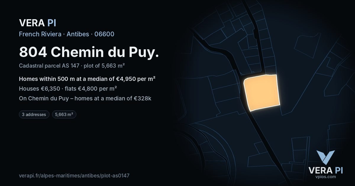 804 Chemin du Puy, Antibes at night – the plot lit, the parcels around coloured by the prices near them