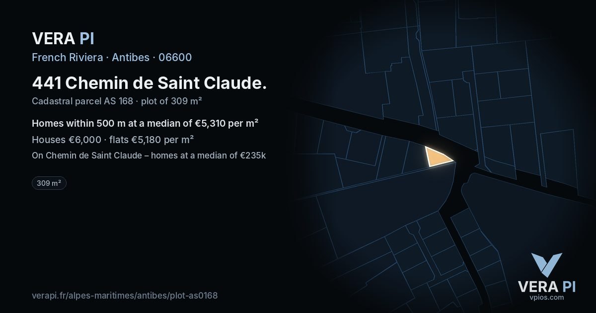 441 Chemin de Saint Claude, Antibes at night – the plot lit, the parcels around coloured by the prices near them