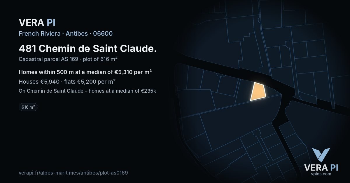 481 Chemin de Saint Claude, Antibes at night – the plot lit, the parcels around coloured by the prices near them