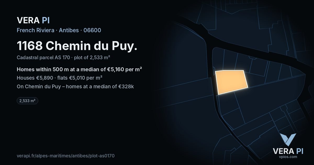 1168 Chemin du Puy, Antibes at night – the plot lit, the parcels around coloured by the prices near them