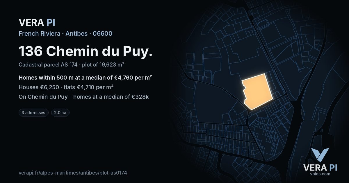 136 Chemin du Puy, Antibes at night – the plot lit, the parcels around coloured by the prices near them