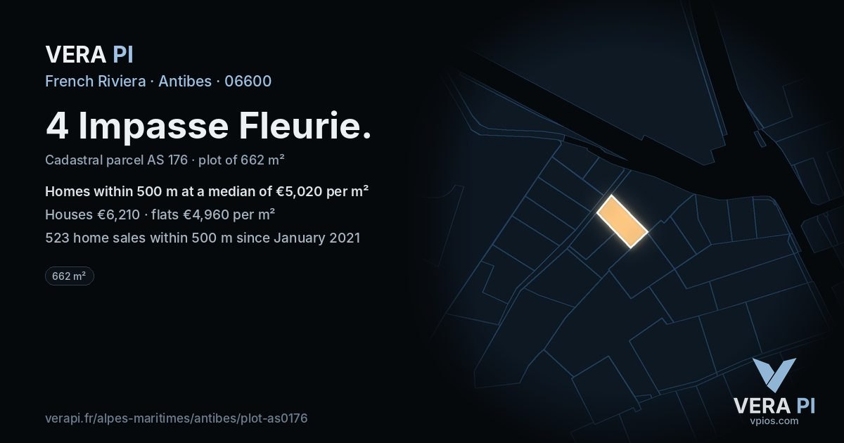4 Impasse Fleurie, Antibes at night – the plot lit, the parcels around coloured by the prices near them