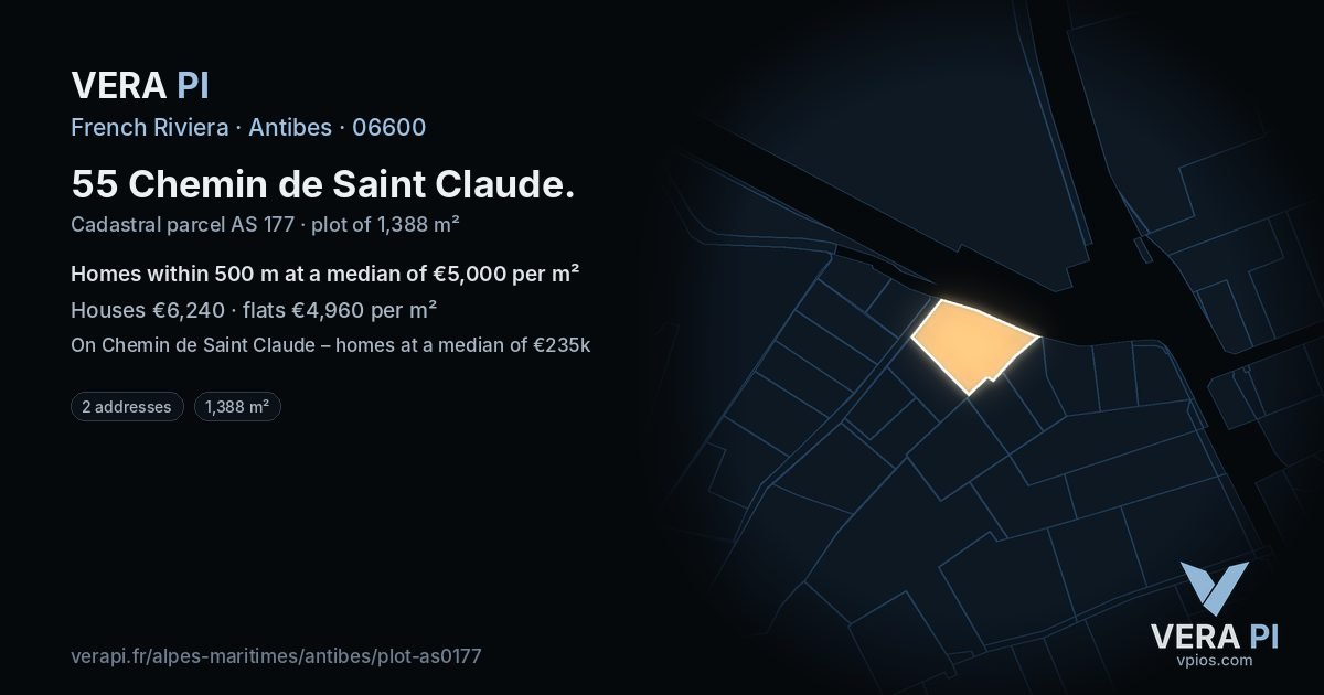 55 Chemin de Saint Claude, Antibes at night – the plot lit, the parcels around coloured by the prices near them