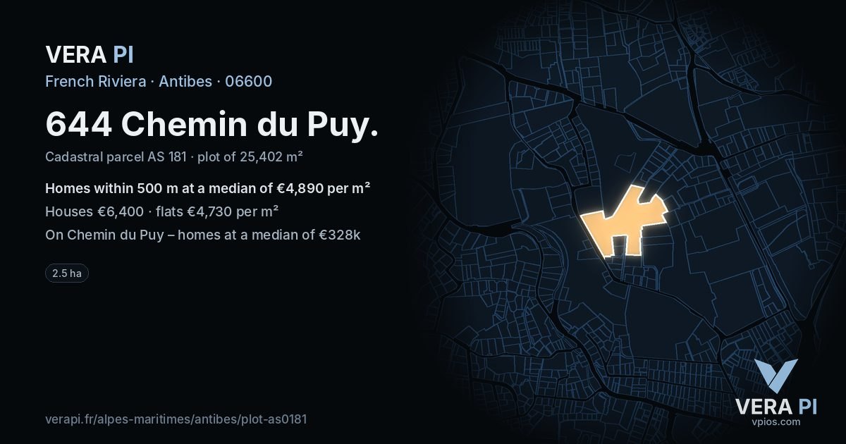 644 Chemin du Puy, Antibes at night – the plot lit, the parcels around coloured by the prices near them