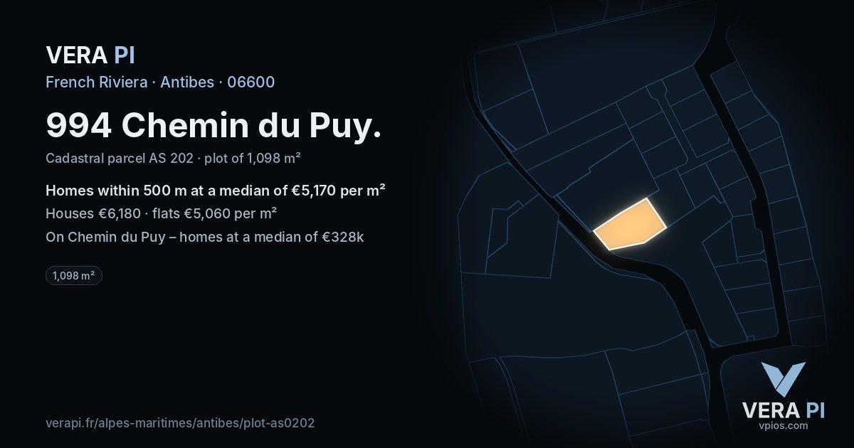 994 Chemin du Puy, Antibes at night – the plot lit, the parcels around coloured by the prices near them