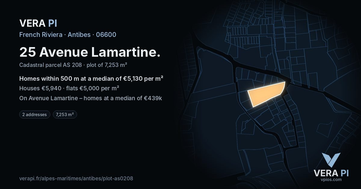 25 Avenue Lamartine, Antibes at night – the plot lit, the parcels around coloured by the prices near them