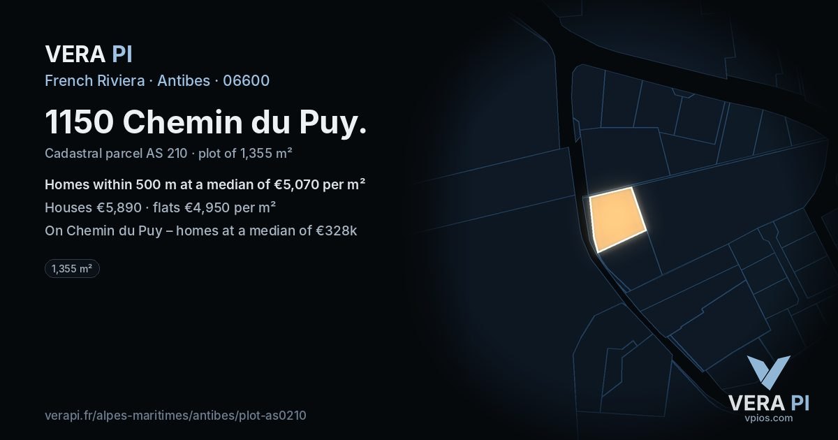 1150 Chemin du Puy, Antibes at night – the plot lit, the parcels around coloured by the prices near them