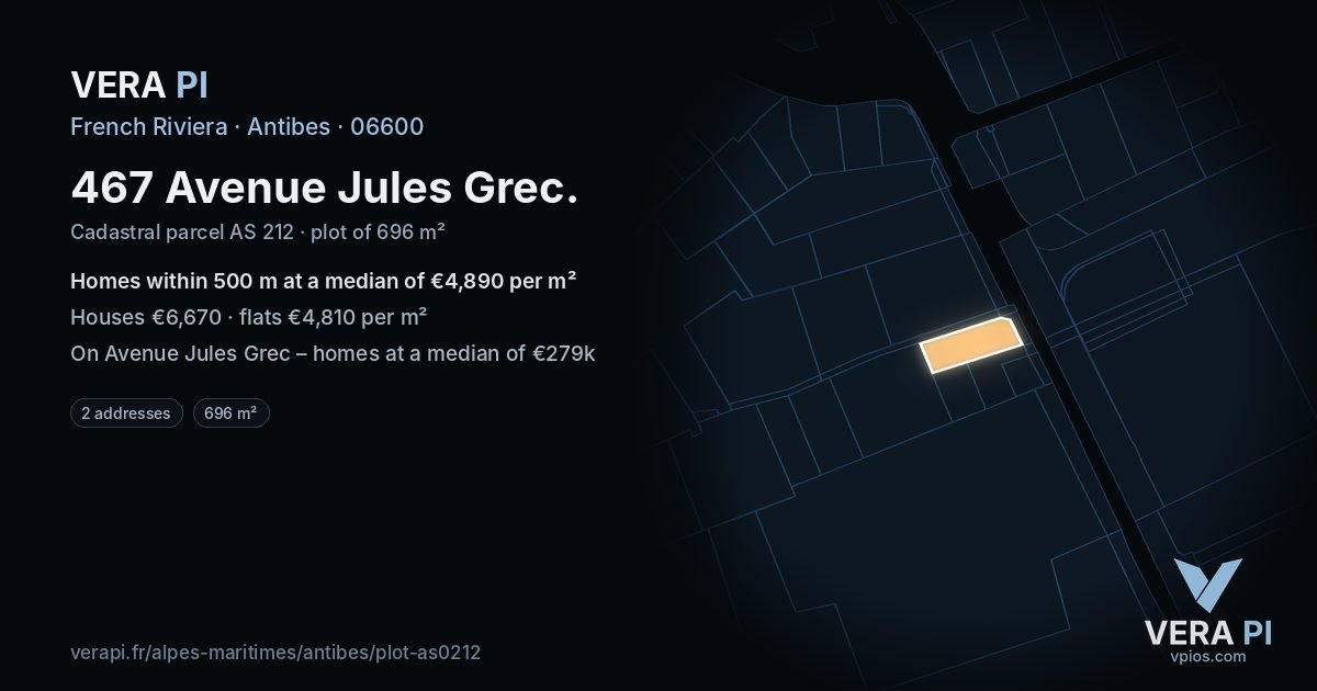 467 Avenue Jules Grec, Antibes at night – the plot lit, the parcels around coloured by the prices near them