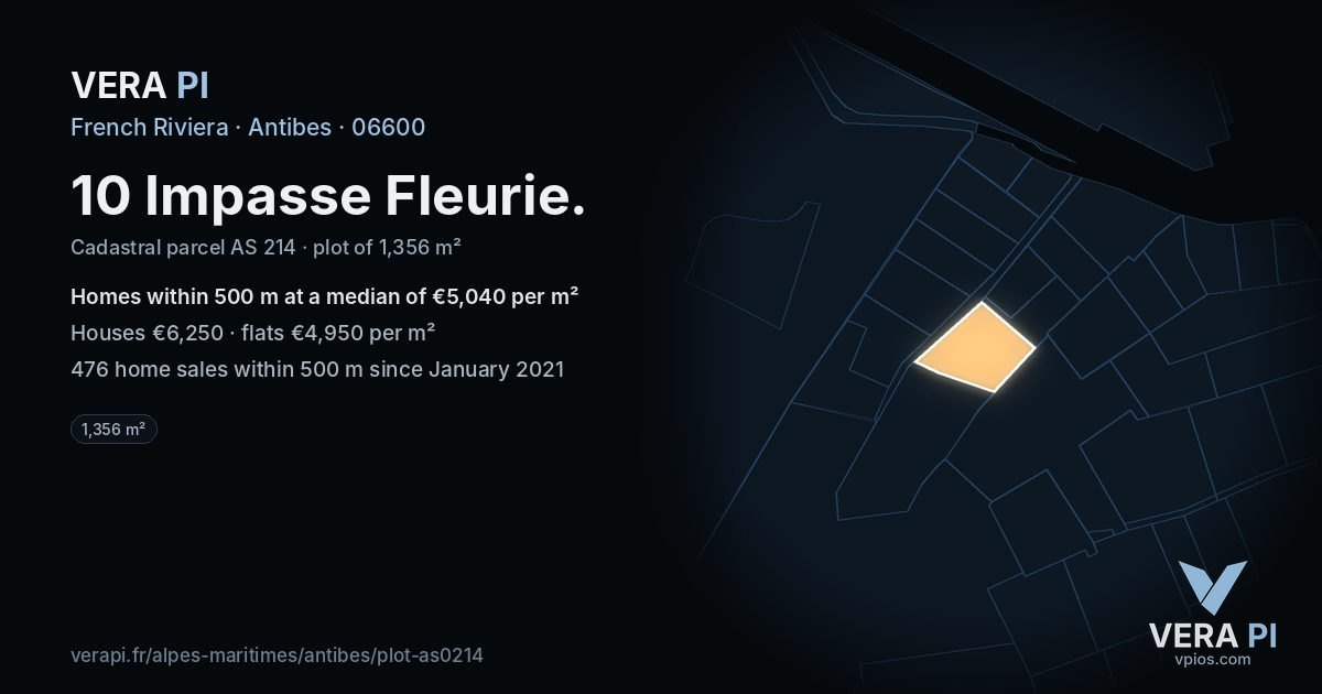 10 Impasse Fleurie, Antibes at night – the plot lit, the parcels around coloured by the prices near them