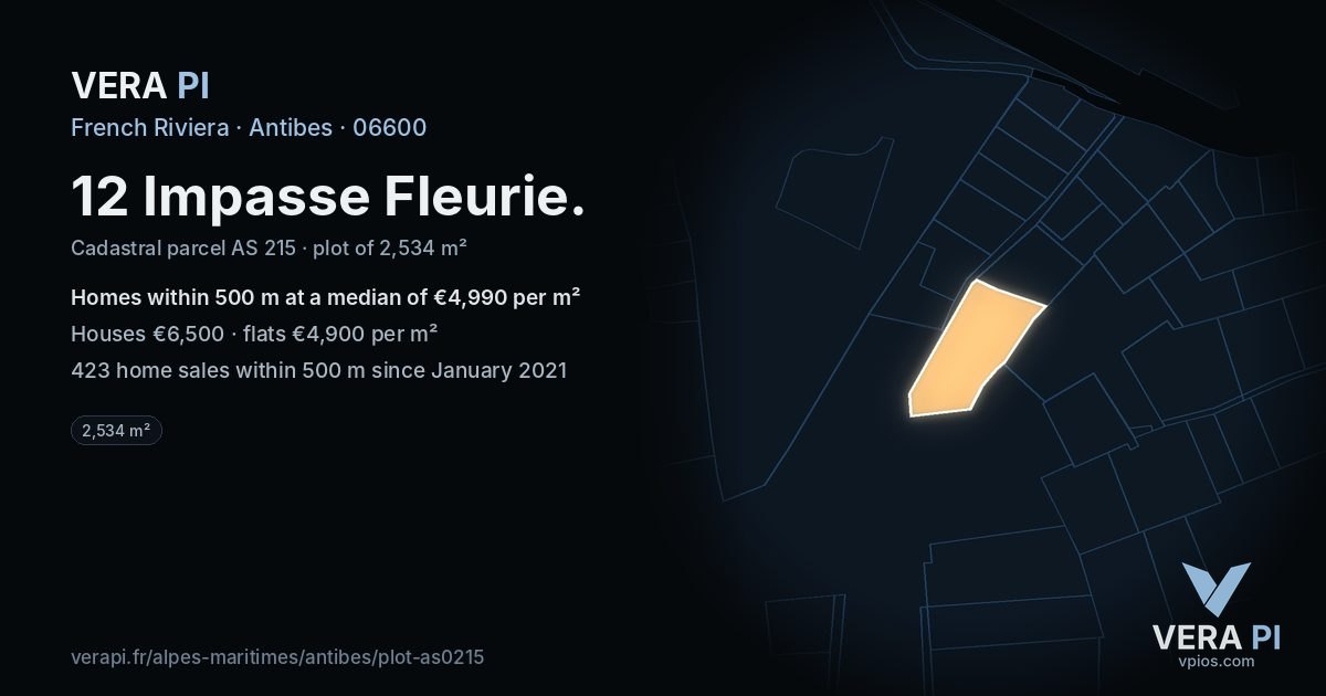 12 Impasse Fleurie, Antibes at night – the plot lit, the parcels around coloured by the prices near them