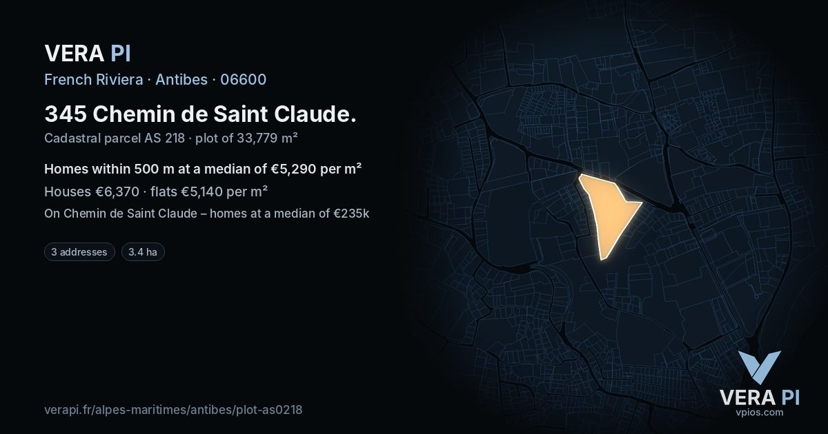 345 Chemin de Saint Claude, Antibes at night – the plot lit, the parcels around coloured by the prices near them