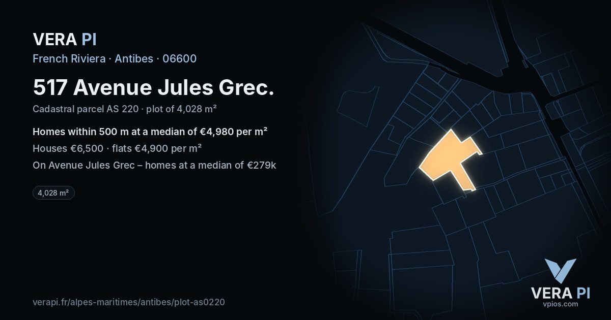 517 Avenue Jules Grec, Antibes at night – the plot lit, the parcels around coloured by the prices near them