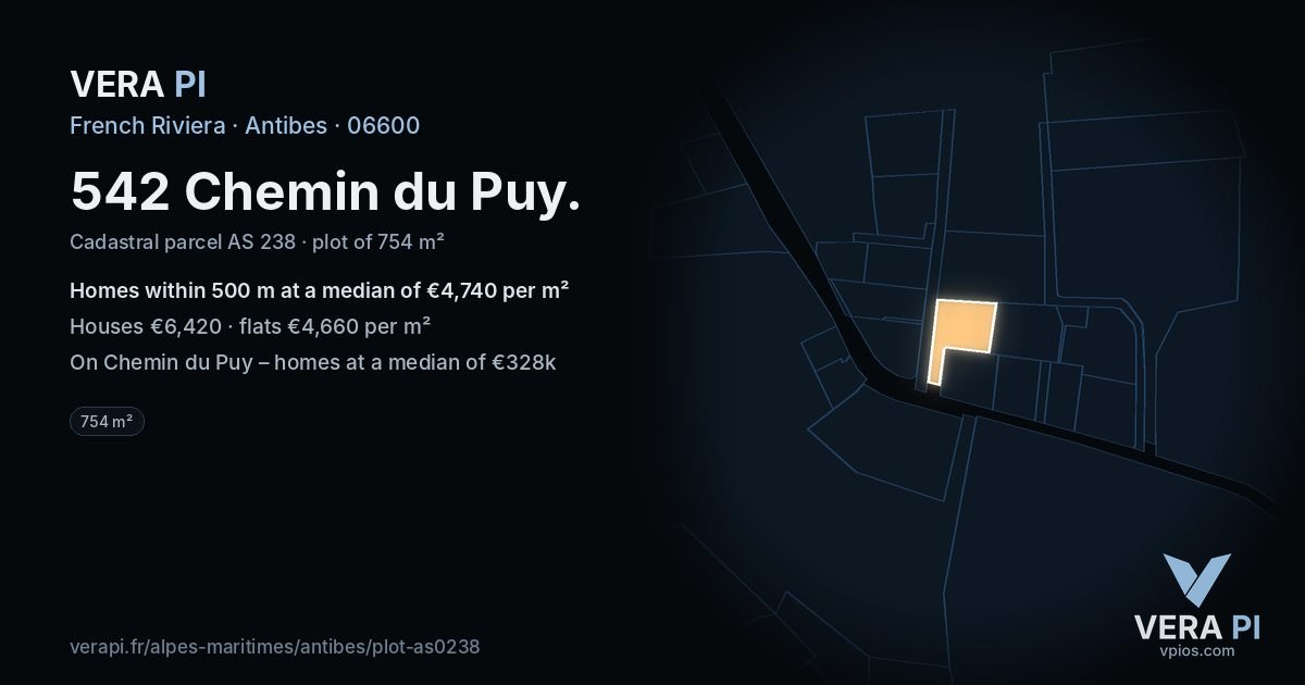 542 Chemin du Puy, Antibes at night – the plot lit, the parcels around coloured by the prices near them