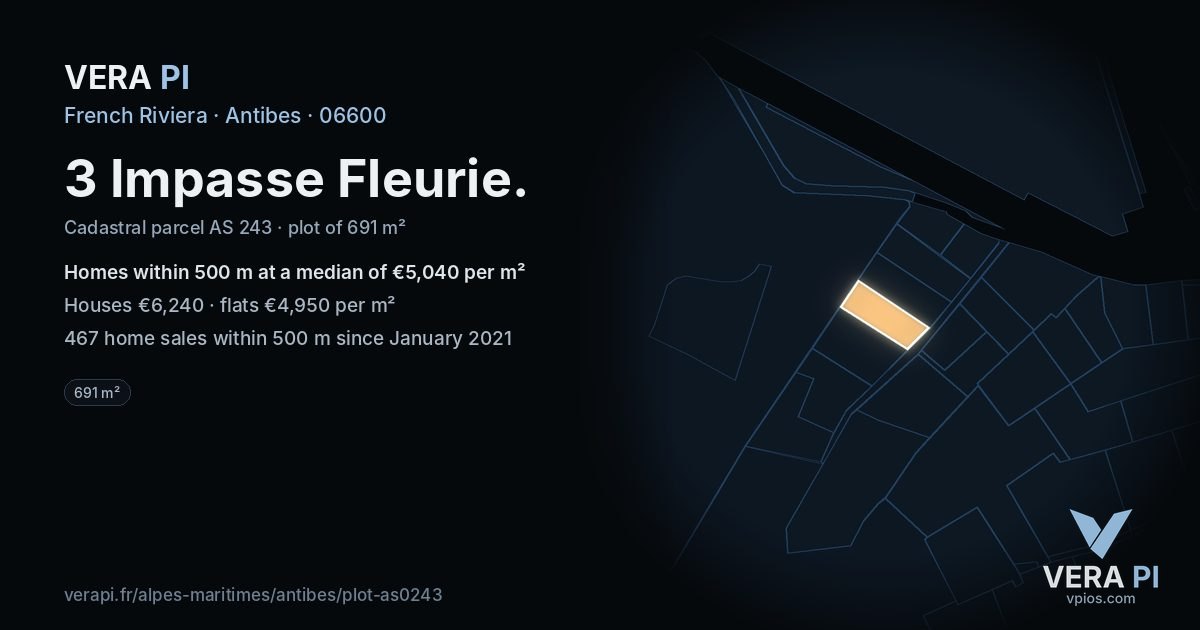 3 Impasse Fleurie, Antibes at night – the plot lit, the parcels around coloured by the prices near them