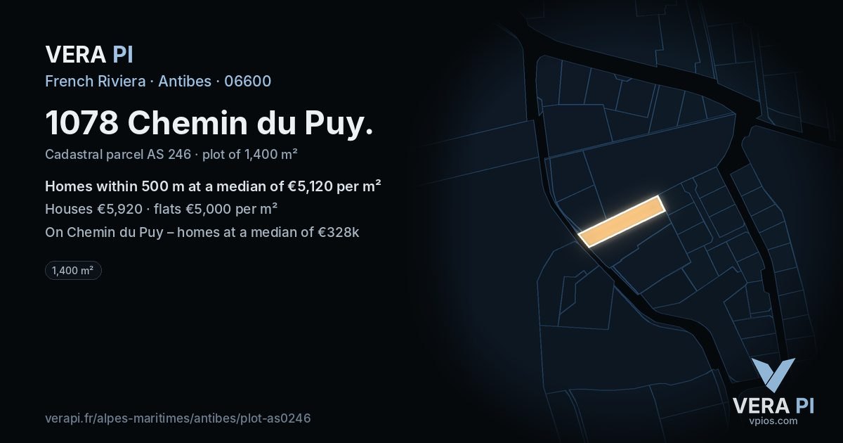 1078 Chemin du Puy, Antibes at night – the plot lit, the parcels around coloured by the prices near them