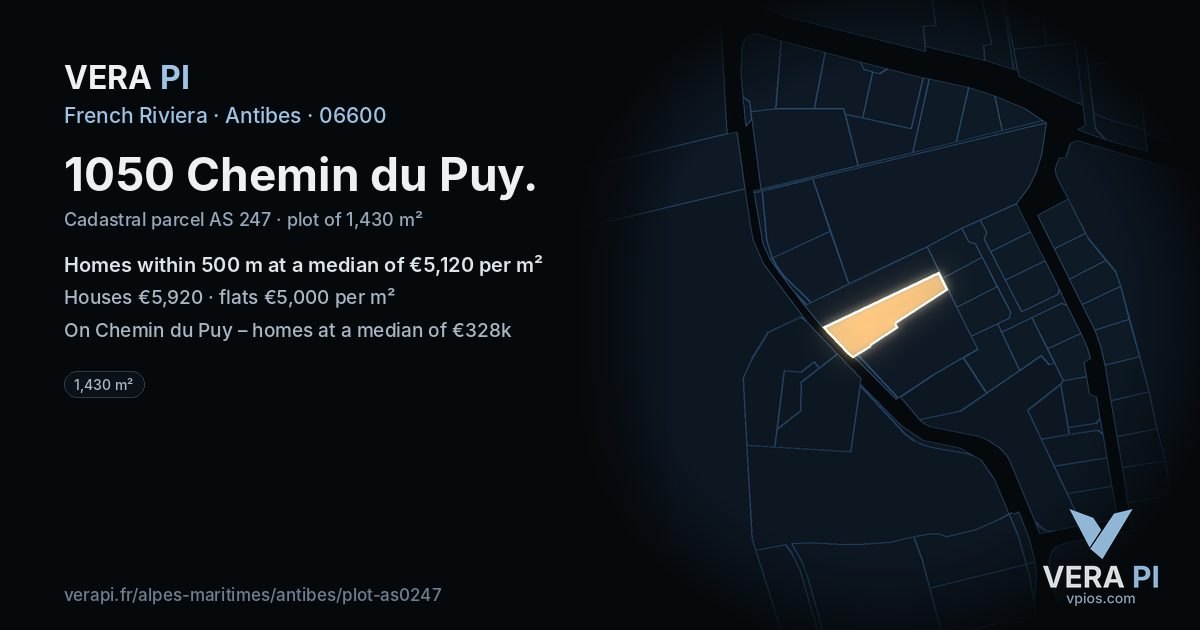 1050 Chemin du Puy, Antibes at night – the plot lit, the parcels around coloured by the prices near them