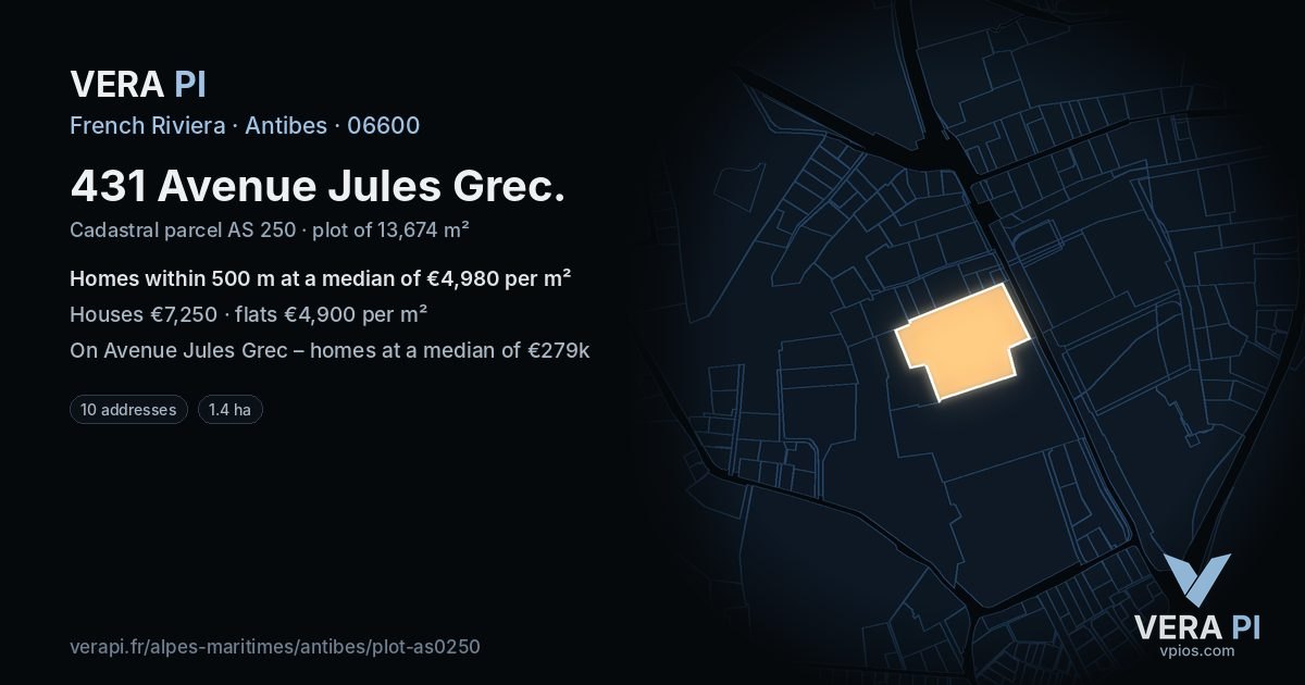 431 Avenue Jules Grec, Antibes at night – the plot lit, the parcels around coloured by the prices near them
