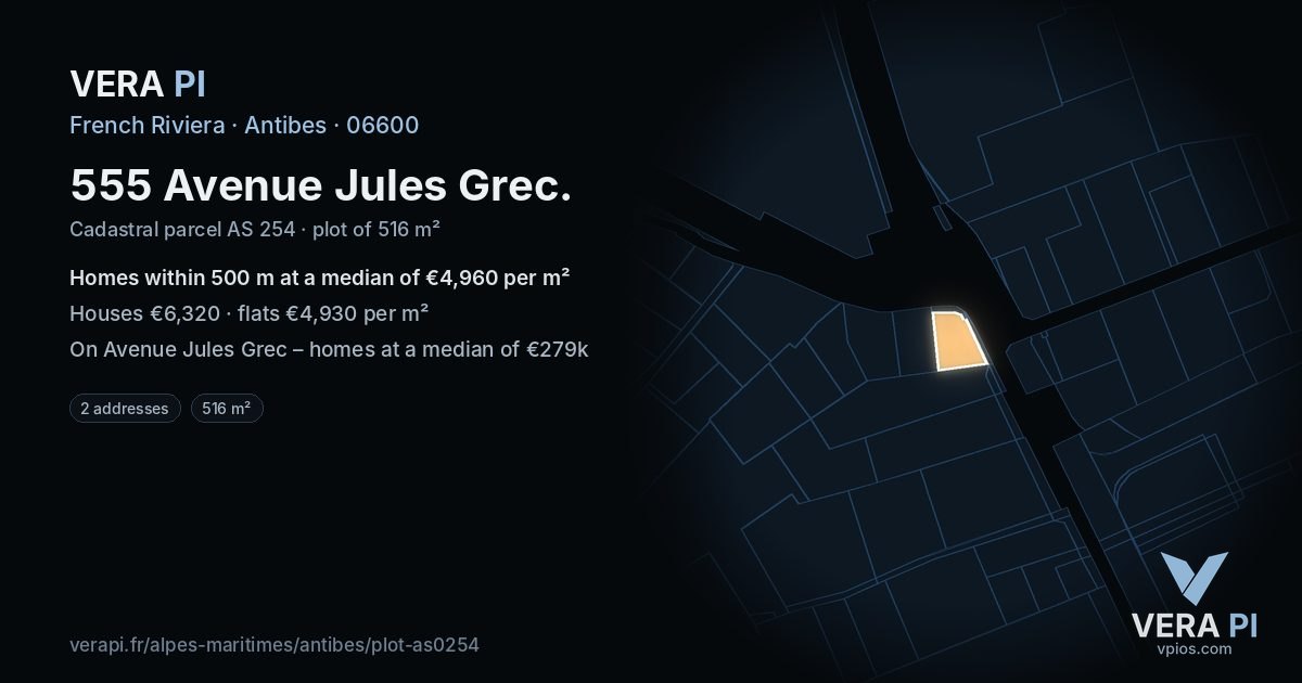 555 Avenue Jules Grec, Antibes at night – the plot lit, the parcels around coloured by the prices near them