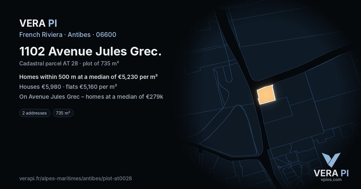 1102 Avenue Jules Grec, Antibes at night – the plot lit, the parcels around coloured by the prices near them