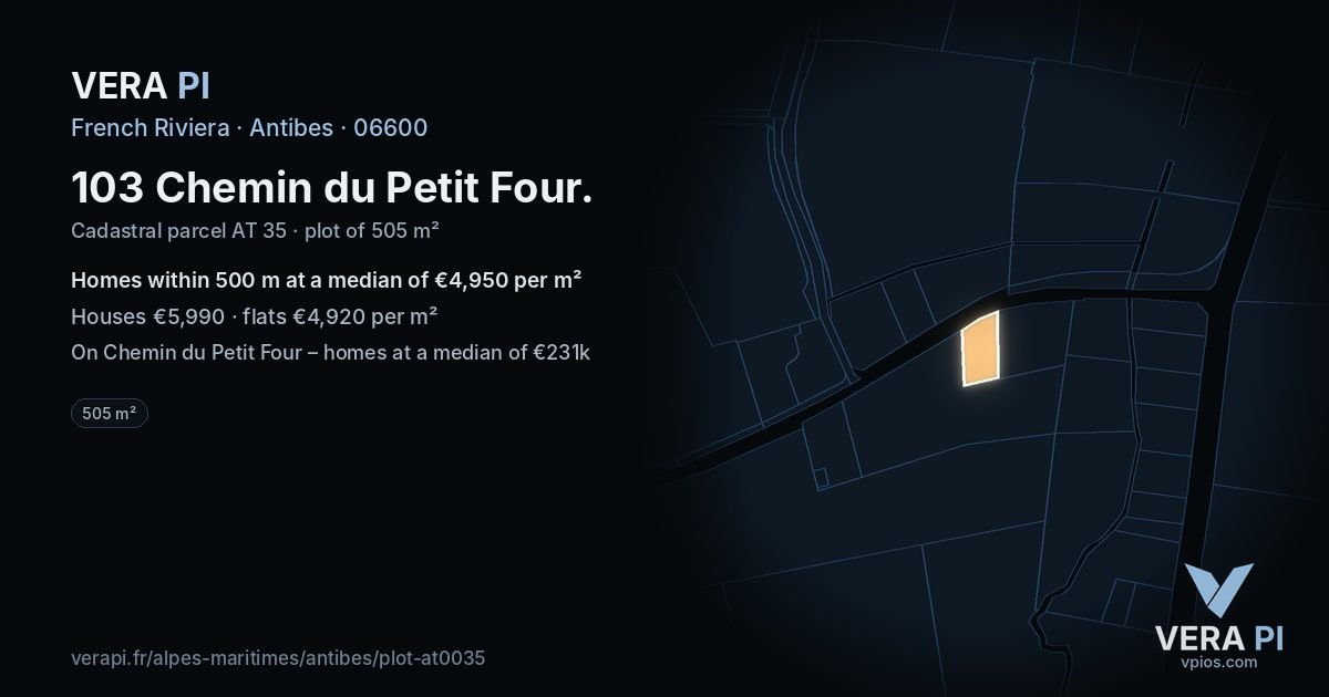 103 Chemin du Petit Four, Antibes at night – the plot lit, the parcels around coloured by the prices near them