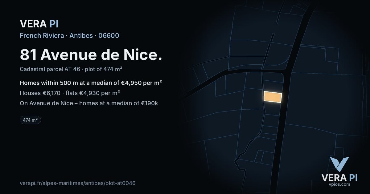 81 Avenue de Nice, Antibes at night – the plot lit, the parcels around coloured by the prices near them