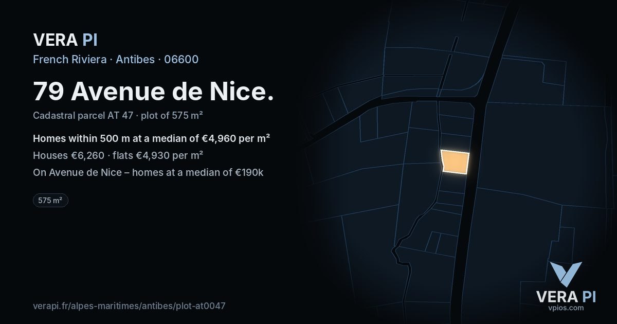 79 Avenue de Nice, Antibes at night – the plot lit, the parcels around coloured by the prices near them