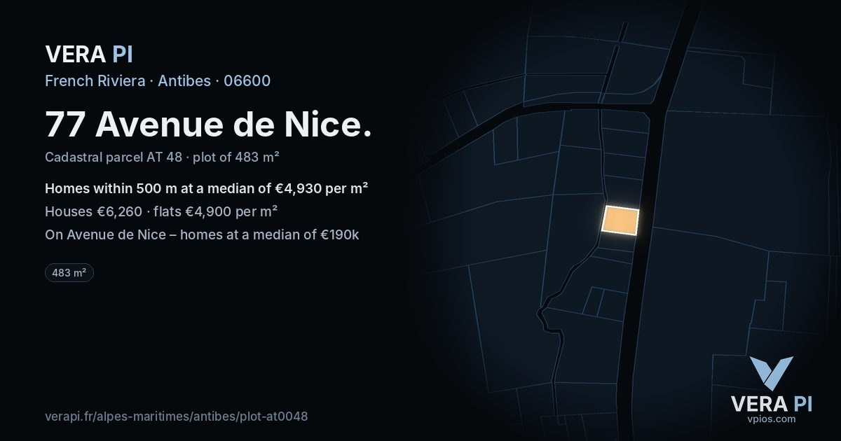 77 Avenue de Nice, Antibes at night – the plot lit, the parcels around coloured by the prices near them