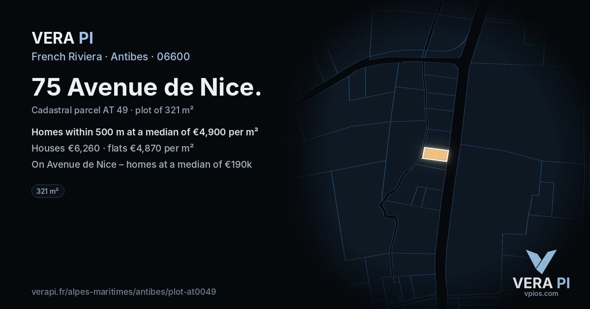 75 Avenue de Nice, Antibes at night – the plot lit, the parcels around coloured by the prices near them