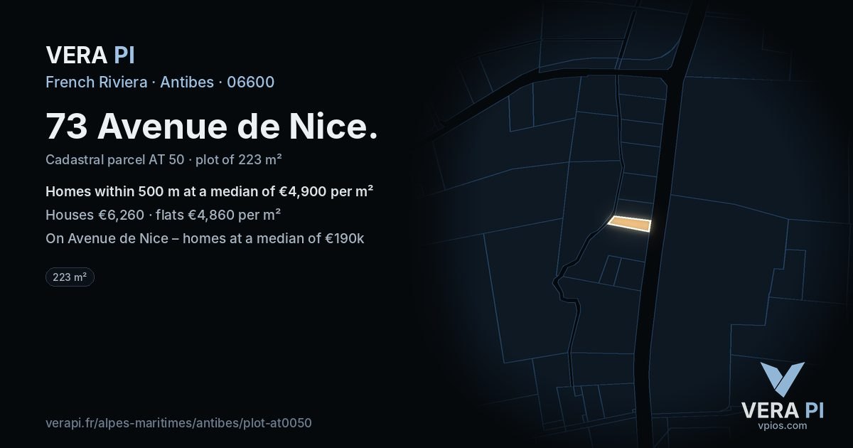 73 Avenue de Nice, Antibes at night – the plot lit, the parcels around coloured by the prices near them