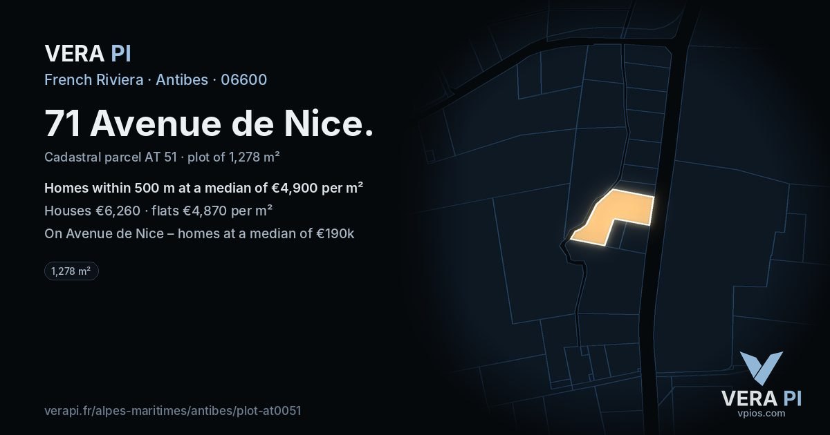71 Avenue de Nice, Antibes at night – the plot lit, the parcels around coloured by the prices near them