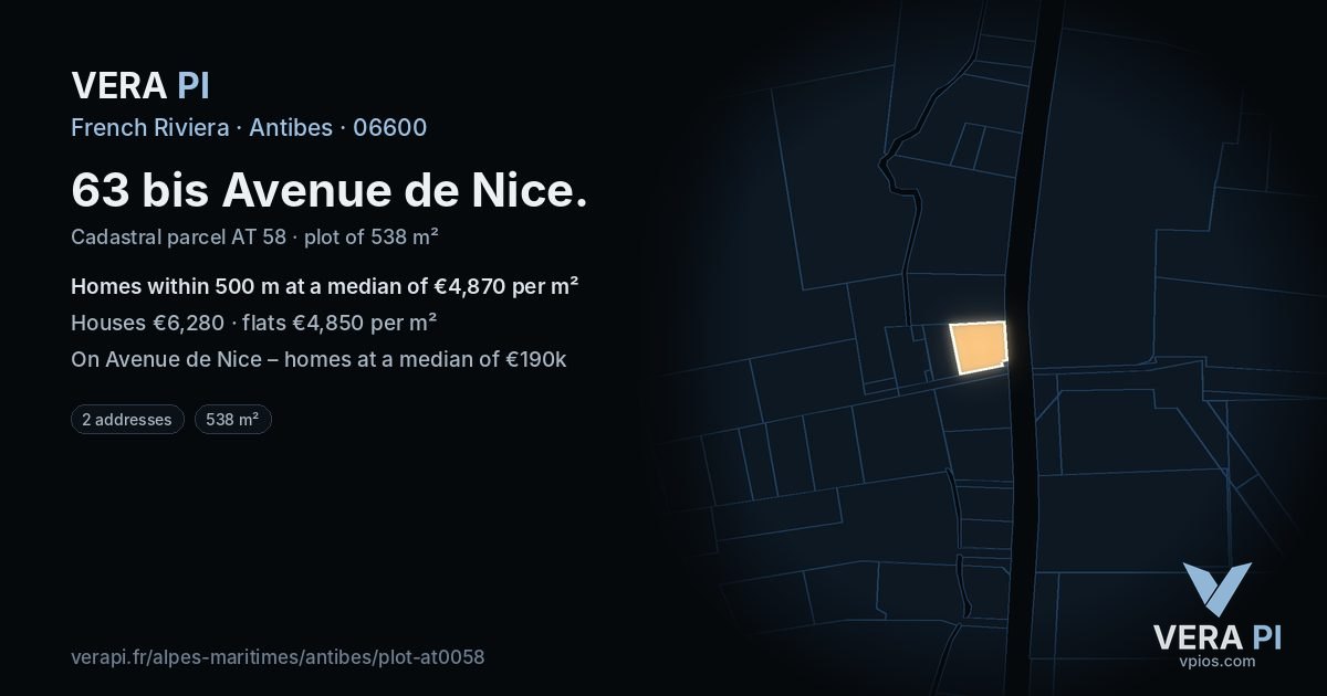 63 bis Avenue de Nice, Antibes at night – the plot lit, the parcels around coloured by the prices near them