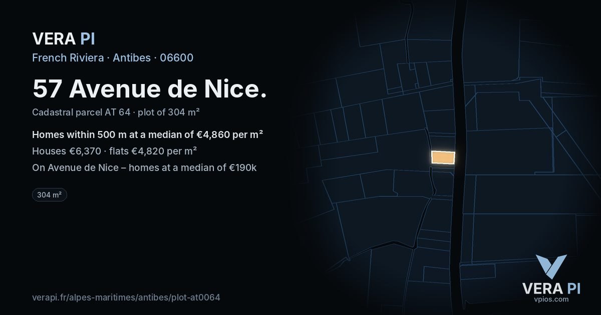 57 Avenue de Nice, Antibes at night – the plot lit, the parcels around coloured by the prices near them