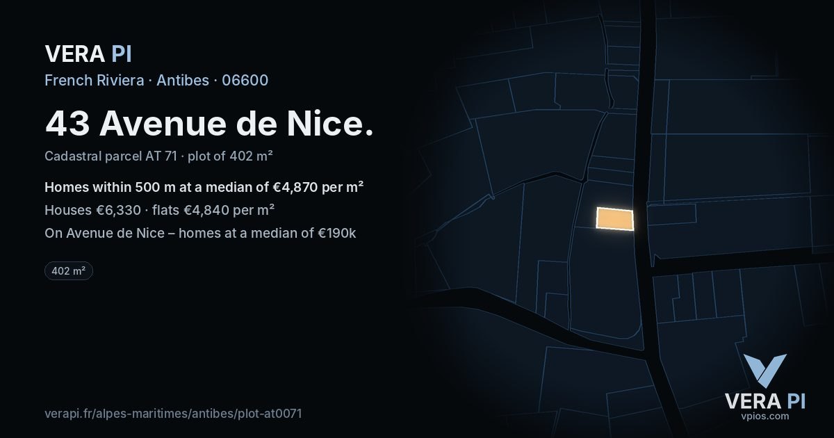 43 Avenue de Nice, Antibes at night – the plot lit, the parcels around coloured by the prices near them
