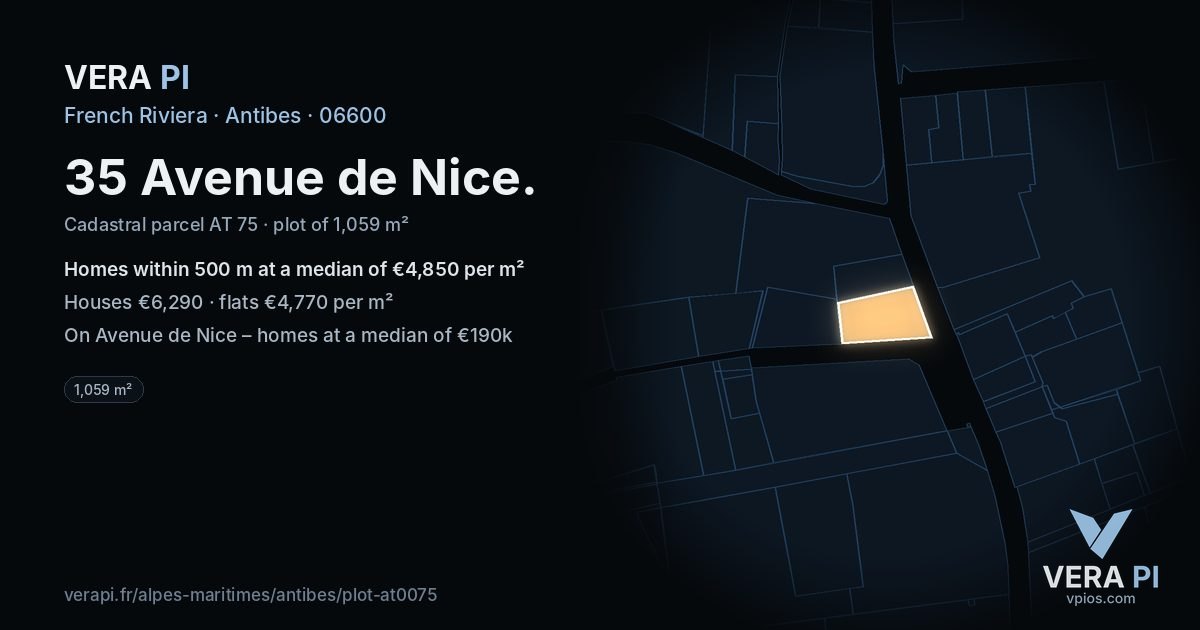 35 Avenue de Nice, Antibes at night – the plot lit, the parcels around coloured by the prices near them