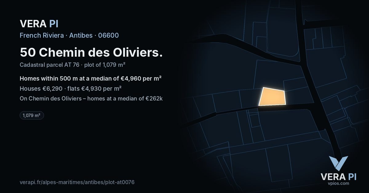 50 Chemin des Oliviers, Antibes at night – the plot lit, the parcels around coloured by the prices near them