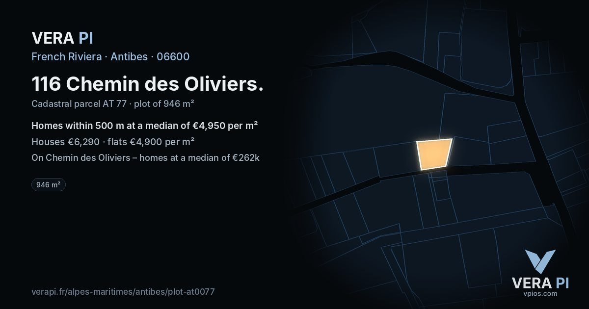 116 Chemin des Oliviers, Antibes at night – the plot lit, the parcels around coloured by the prices near them