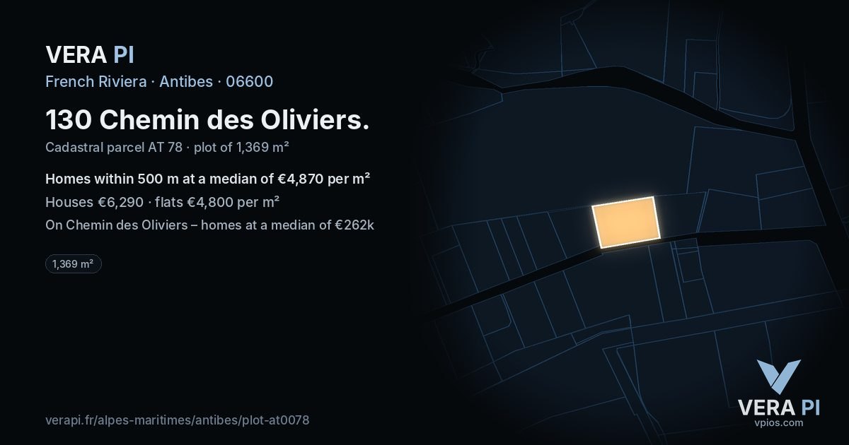130 Chemin des Oliviers, Antibes at night – the plot lit, the parcels around coloured by the prices near them