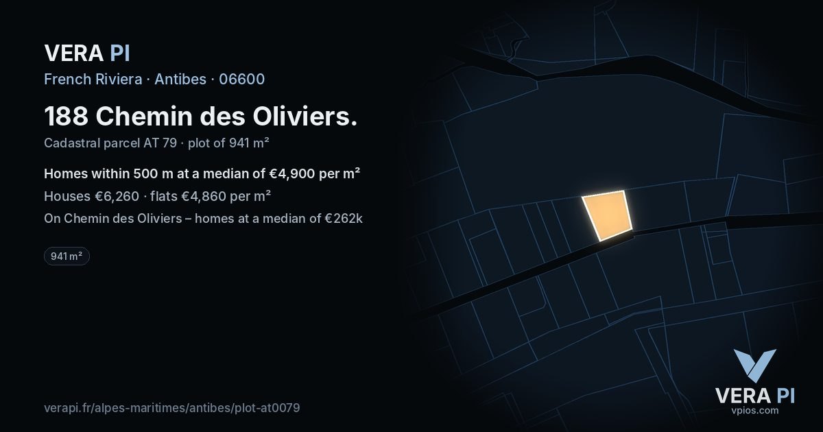 188 Chemin des Oliviers, Antibes at night – the plot lit, the parcels around coloured by the prices near them
