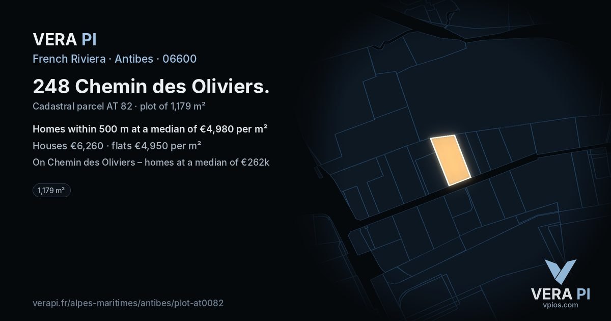 248 Chemin des Oliviers, Antibes at night – the plot lit, the parcels around coloured by the prices near them