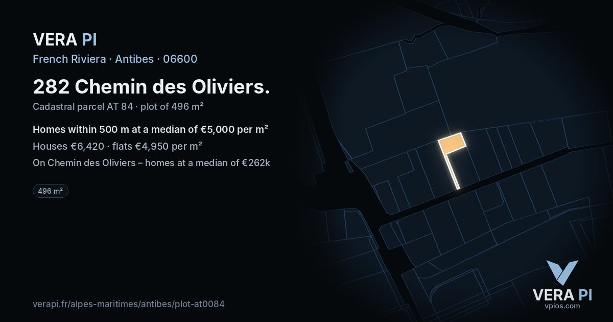 282 Chemin des Oliviers, Antibes at night – the plot lit, the parcels around coloured by the prices near them