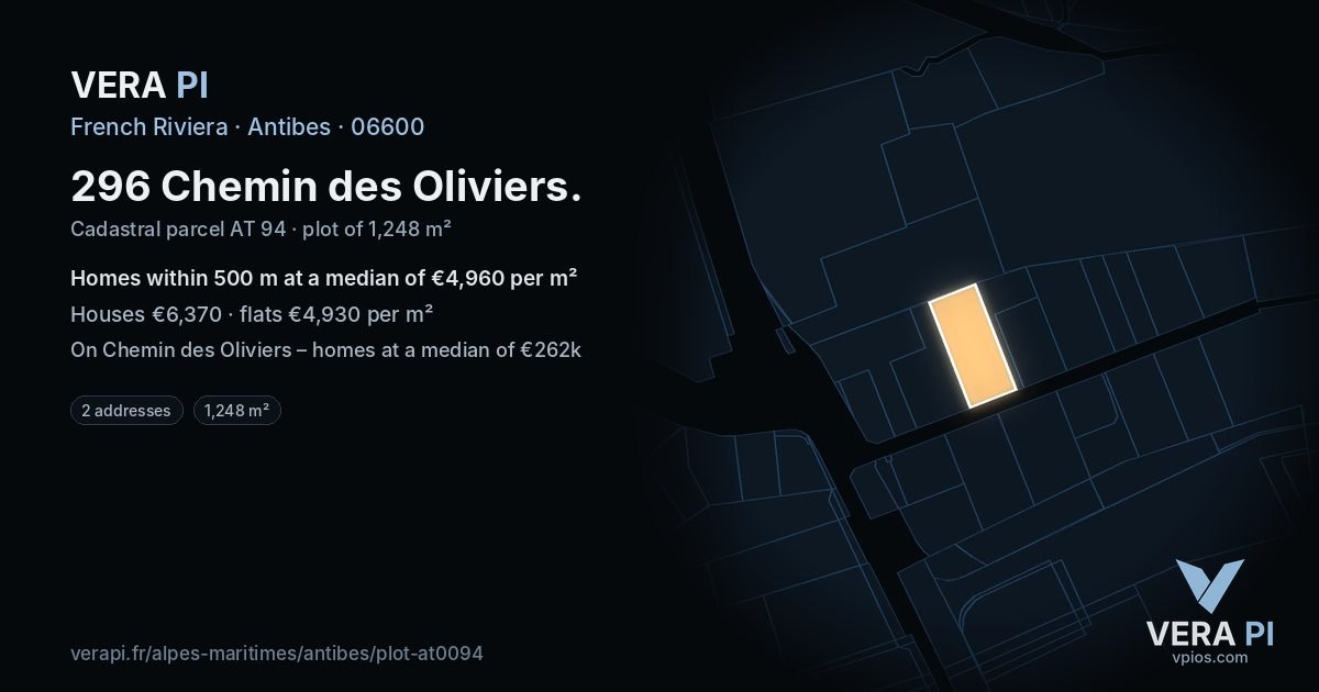 296 Chemin des Oliviers, Antibes at night – the plot lit, the parcels around coloured by the prices near them