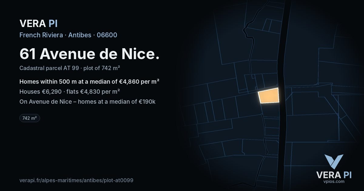 61 Avenue de Nice, Antibes at night – the plot lit, the parcels around coloured by the prices near them