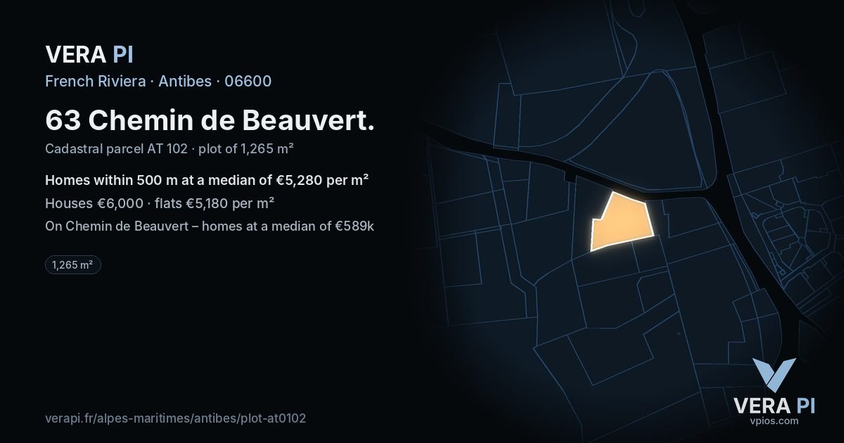 63 Chemin de Beauvert, Antibes at night – the plot lit, the parcels around coloured by the prices near them