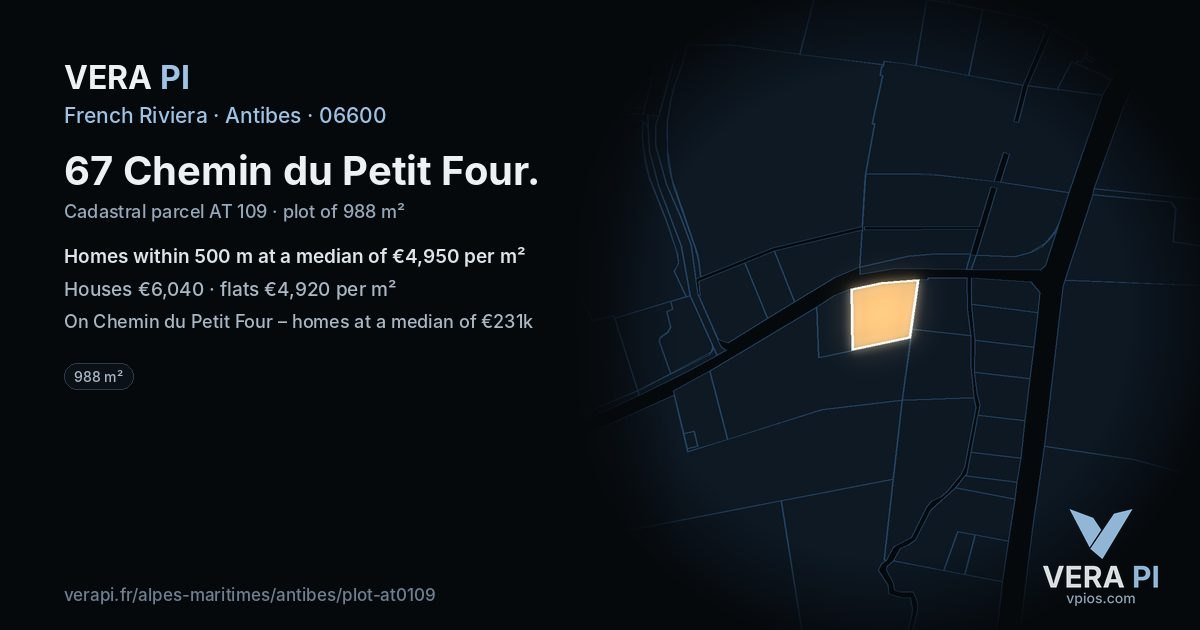 67 Chemin du Petit Four, Antibes at night – the plot lit, the parcels around coloured by the prices near them