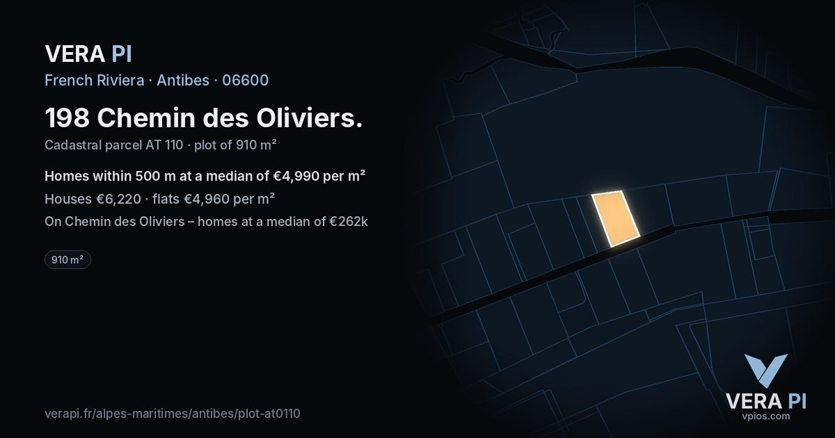 198 Chemin des Oliviers, Antibes at night – the plot lit, the parcels around coloured by the prices near them