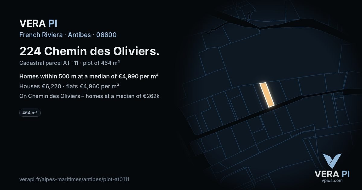 224 Chemin des Oliviers, Antibes at night – the plot lit, the parcels around coloured by the prices near them