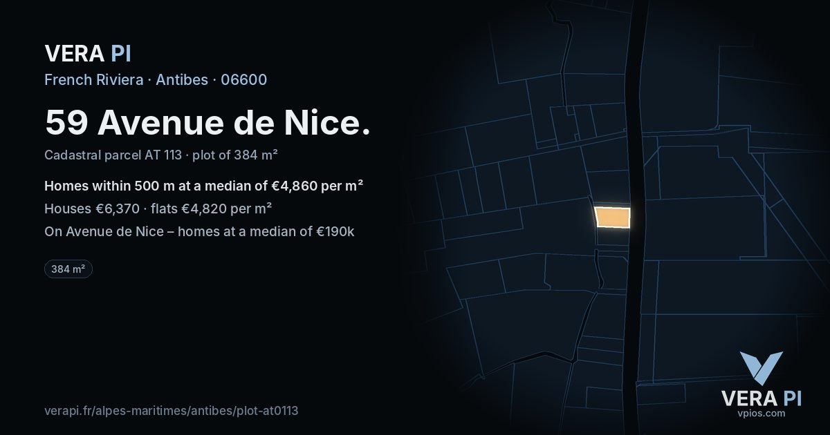 59 Avenue de Nice, Antibes at night – the plot lit, the parcels around coloured by the prices near them